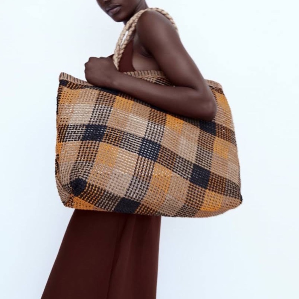 Zara Woven Tote Bag in Tan, Black & Mustard Plaid